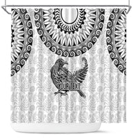 Custom New Zealand Shower Curtain Tui Bird and Koru Circle Mix Silver Fern Pattern LT03 White - Polynesian Pride