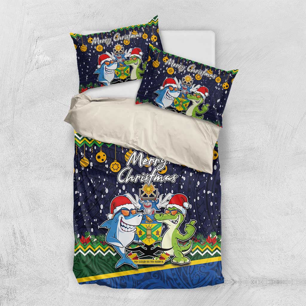 Funny Crocodile and Shark Solomon Islands Christmas Bedding Set with National Seal Melanesian Pattern