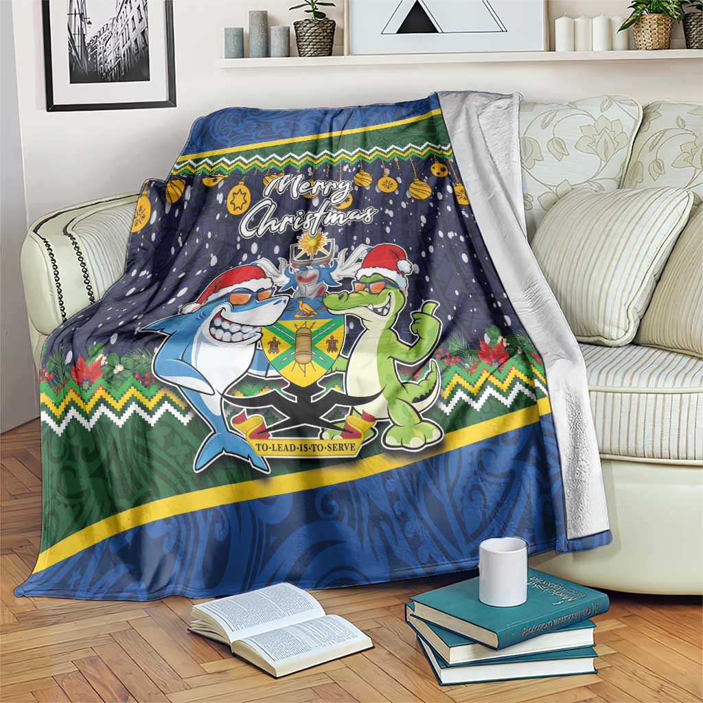 Funny Crocodile and Shark Solomon Islands Christmas Blanket with National Seal Melanesian Pattern