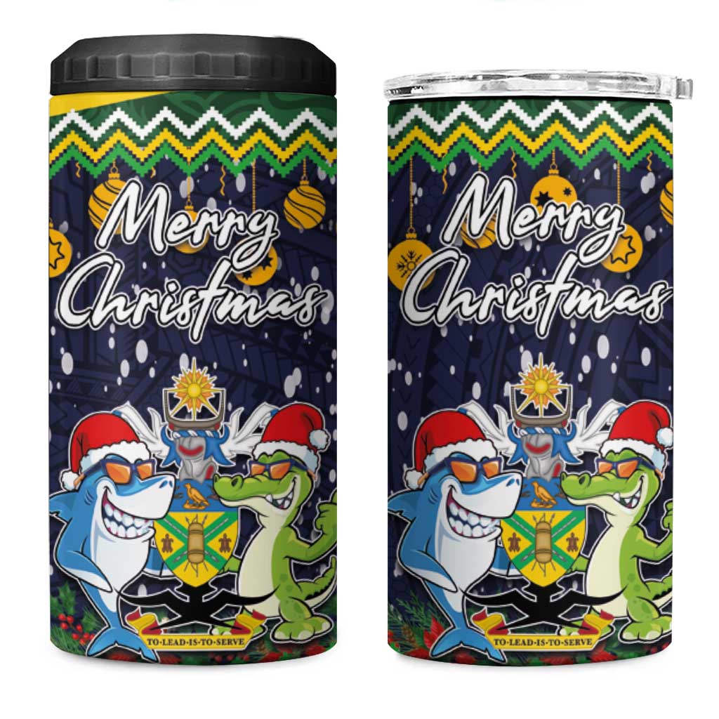 Funny Crocodile and Shark Solomon Islands Christmas 4 in 1 Can Cooler Tumbler with National Seal Melanesian Pattern