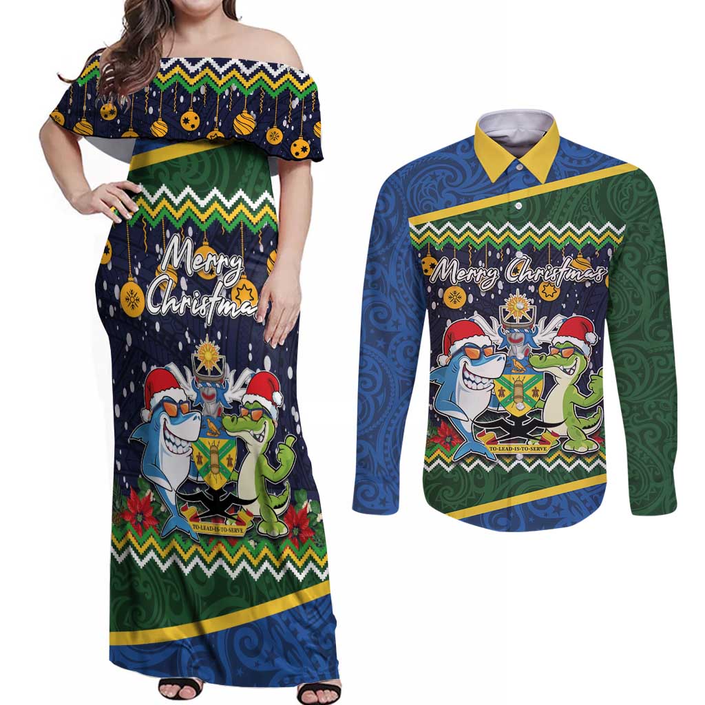 Funny Crocodile and Shark Solomon Islands Christmas Couples Matching Off Shoulder Maxi Dress and Long Sleeve Button Shirt with National Seal Melanesian Pattern