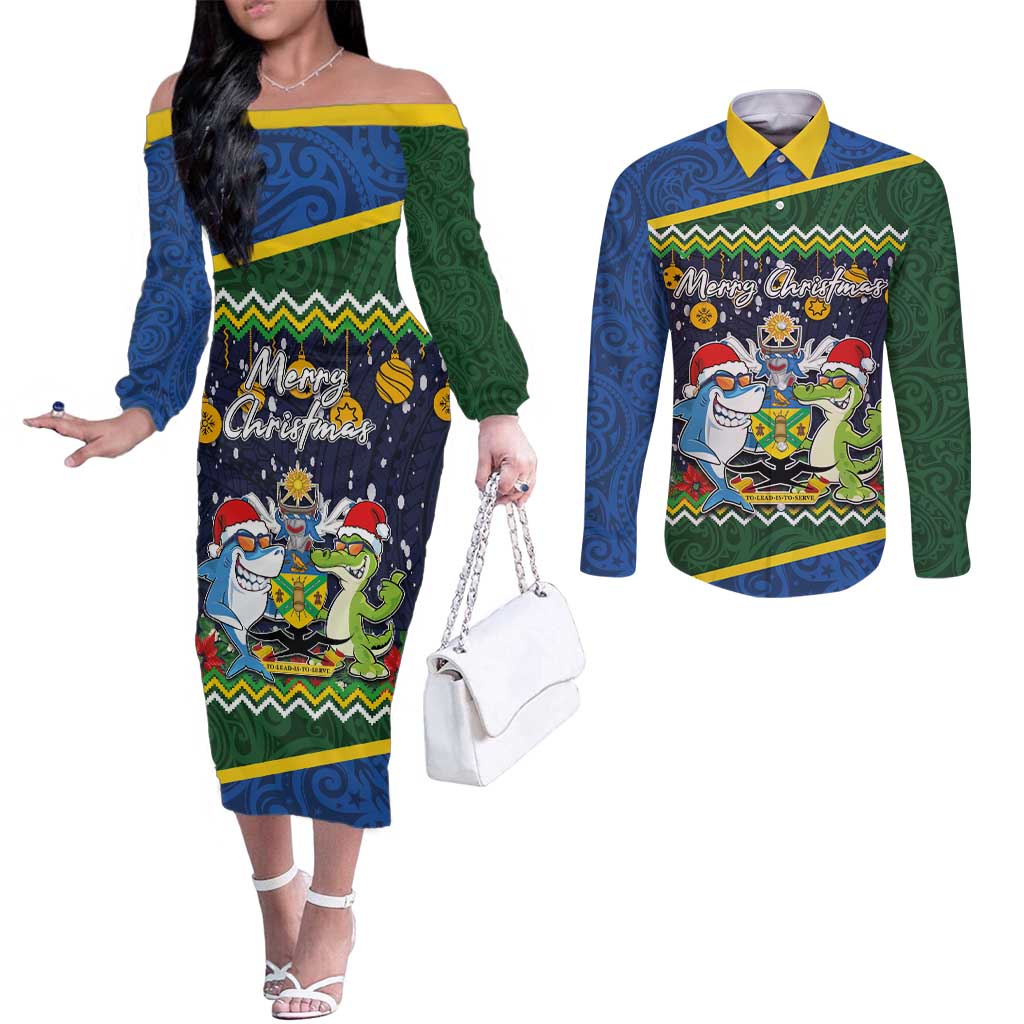 Funny Crocodile and Shark Solomon Islands Christmas Couples Matching Off The Shoulder Long Sleeve Dress and Long Sleeve Button Shirt with National Seal Melanesian Pattern