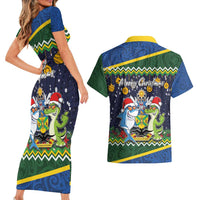 Funny Crocodile and Shark Solomon Islands Christmas Couples Matching Short Sleeve Bodycon Dress and Hawaiian Shirt with National Seal Melanesian Pattern