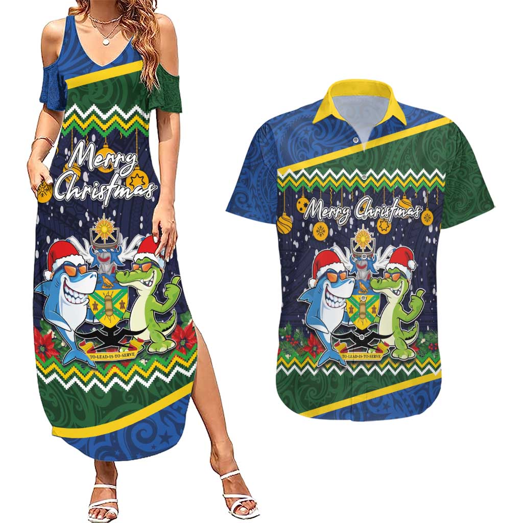 Funny Crocodile and Shark Solomon Islands Christmas Couples Matching Summer Maxi Dress and Hawaiian Shirt with National Seal Melanesian Pattern