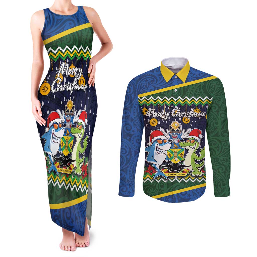 Funny Crocodile and Shark Solomon Islands Christmas Couples Matching Tank Maxi Dress and Long Sleeve Button Shirt with National Seal Melanesian Pattern