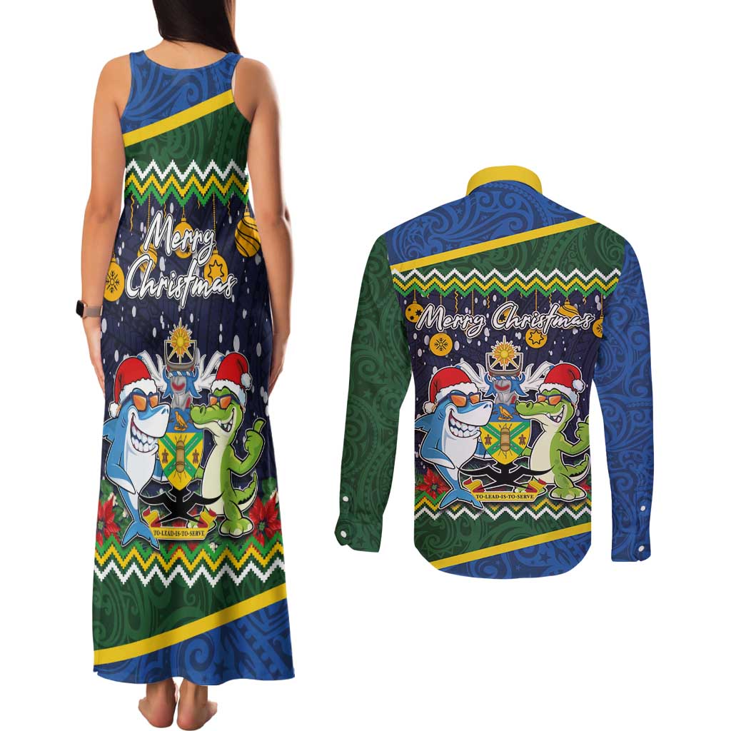 Funny Crocodile and Shark Solomon Islands Christmas Couples Matching Tank Maxi Dress and Long Sleeve Button Shirt with National Seal Melanesian Pattern