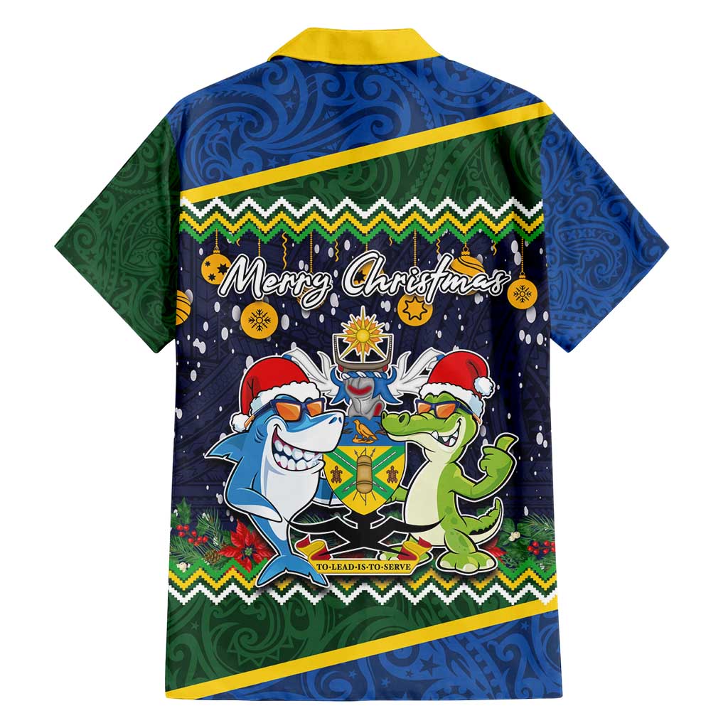 Funny Crocodile and Shark Solomon Islands Christmas Family Matching Off Shoulder Maxi Dress and Hawaiian Shirt with National Seal Melanesian Pattern