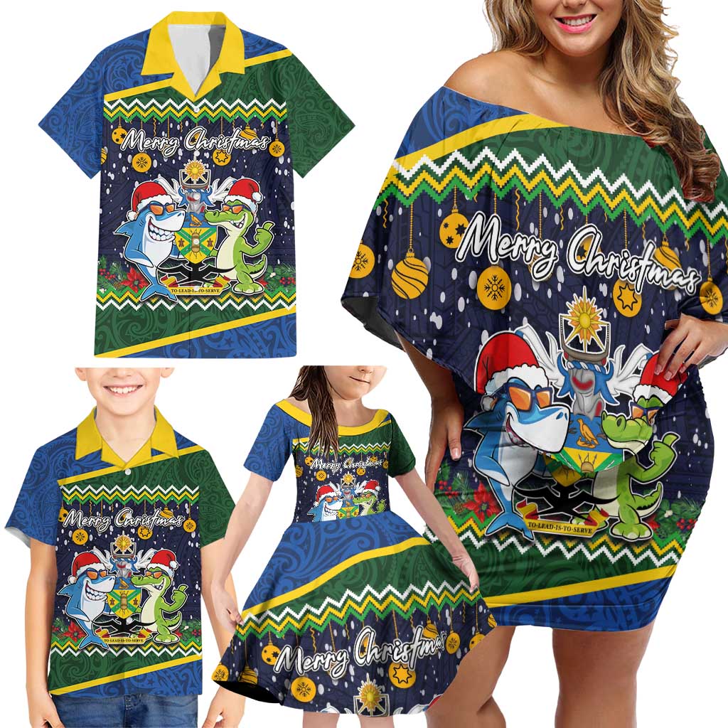 Funny Crocodile and Shark Solomon Islands Christmas Family Matching Off Shoulder Short Dress and Hawaiian Shirt with National Seal Melanesian Pattern