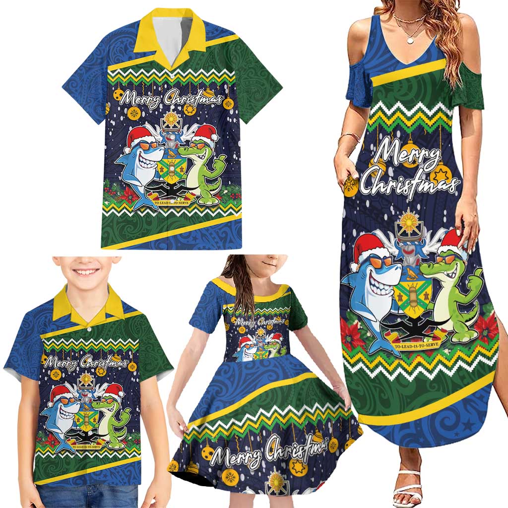 Funny Crocodile and Shark Solomon Islands Christmas Family Matching Summer Maxi Dress and Hawaiian Shirt with National Seal Melanesian Pattern