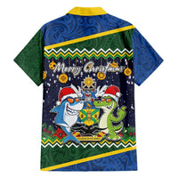 Funny Crocodile and Shark Solomon Islands Christmas Hawaiian Shirt with National Seal Melanesian Pattern