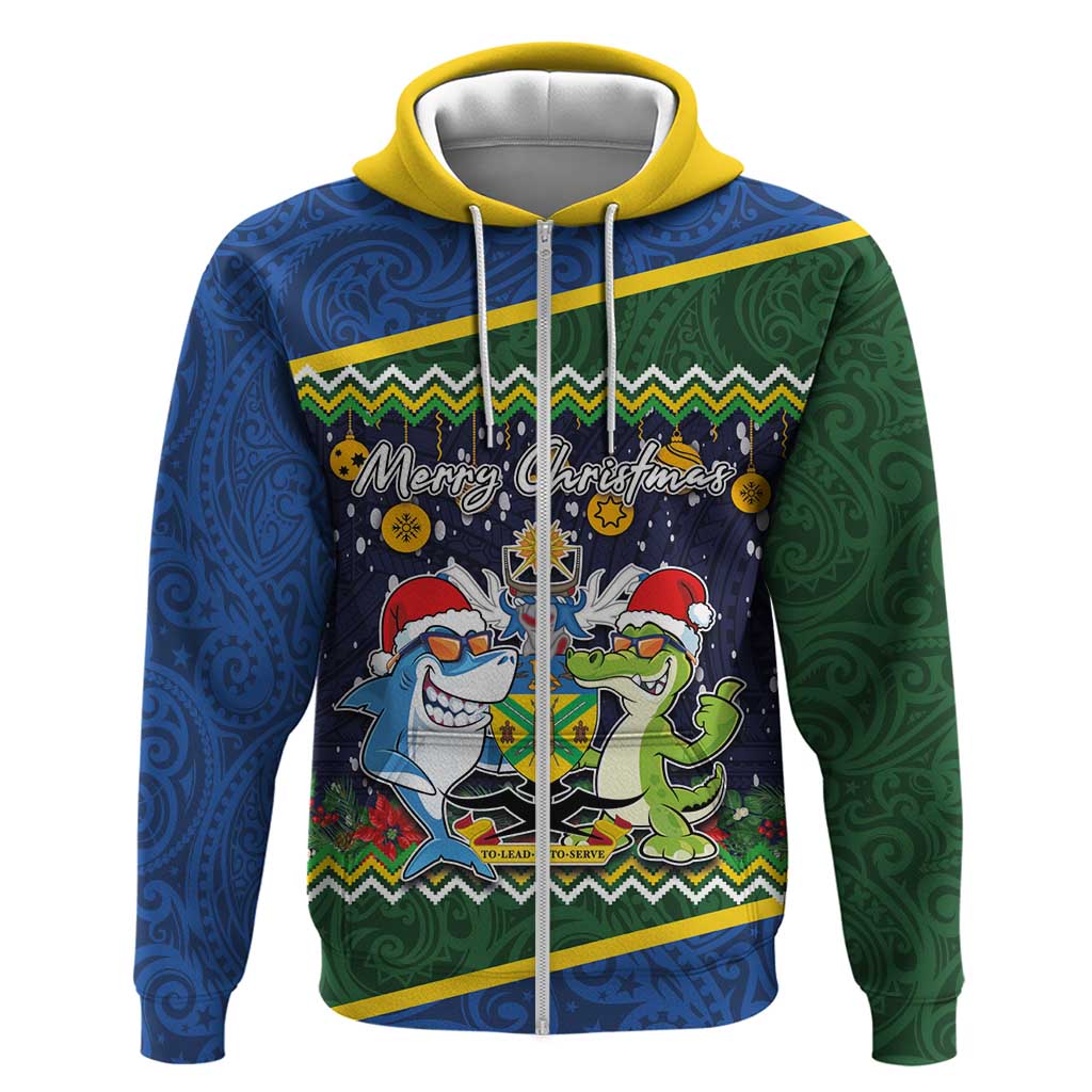 Funny Crocodile and Shark Solomon Islands Christmas Hoodie with National Seal Melanesian Pattern