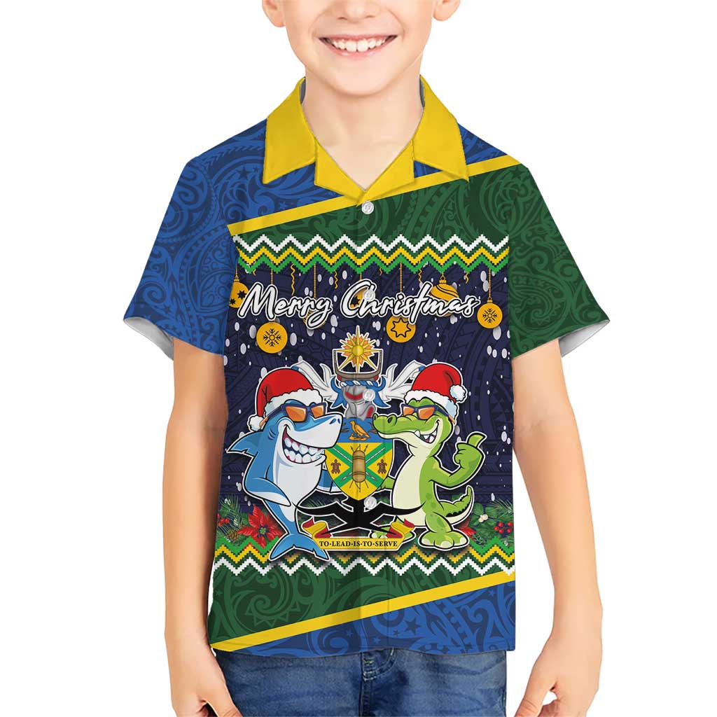 Funny Crocodile and Shark Solomon Islands Christmas Kid Hawaiian Shirt with National Seal Melanesian Pattern