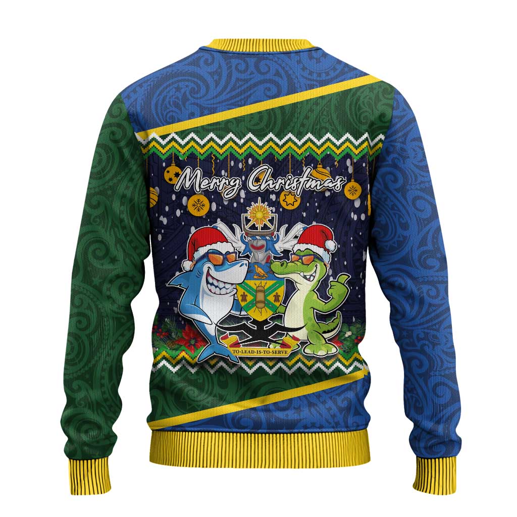 Solomon Islands Christmas Ugly Christmas Sweater Funny Xmas Crocodile and Shark with National Seal Melanesian Pattern
