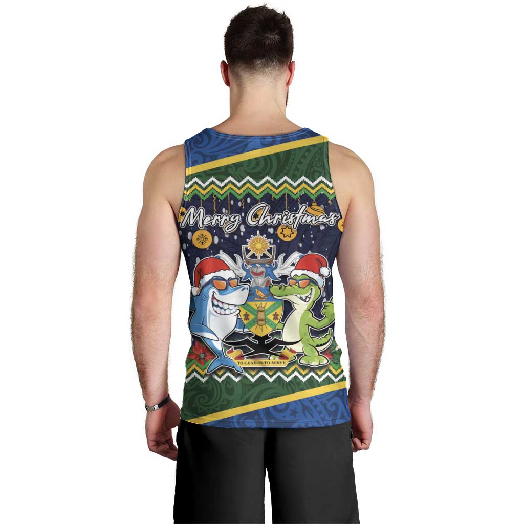 Funny Crocodile and Shark Solomon Islands Christmas Men Tank Top with National Seal Melanesian Pattern