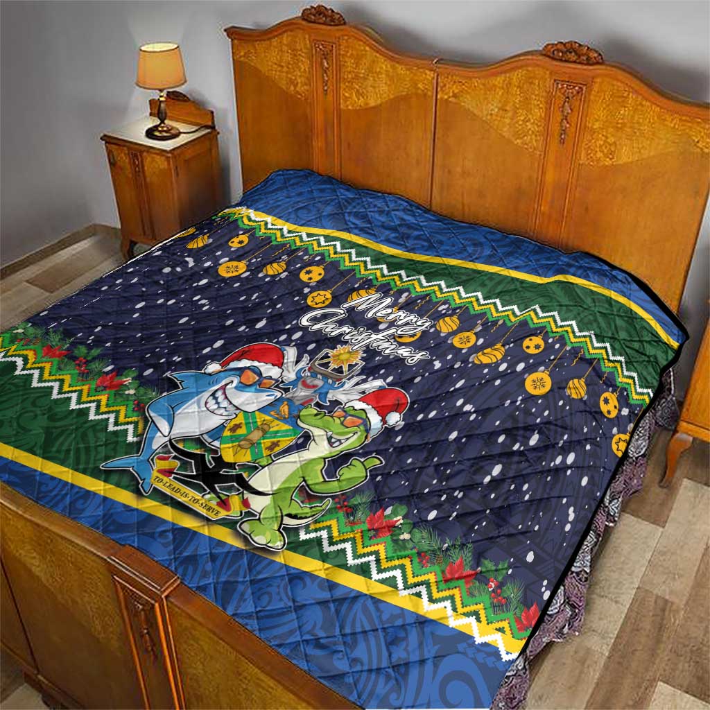 Funny Crocodile and Shark Solomon Islands Christmas Quilt with National Seal Melanesian Pattern