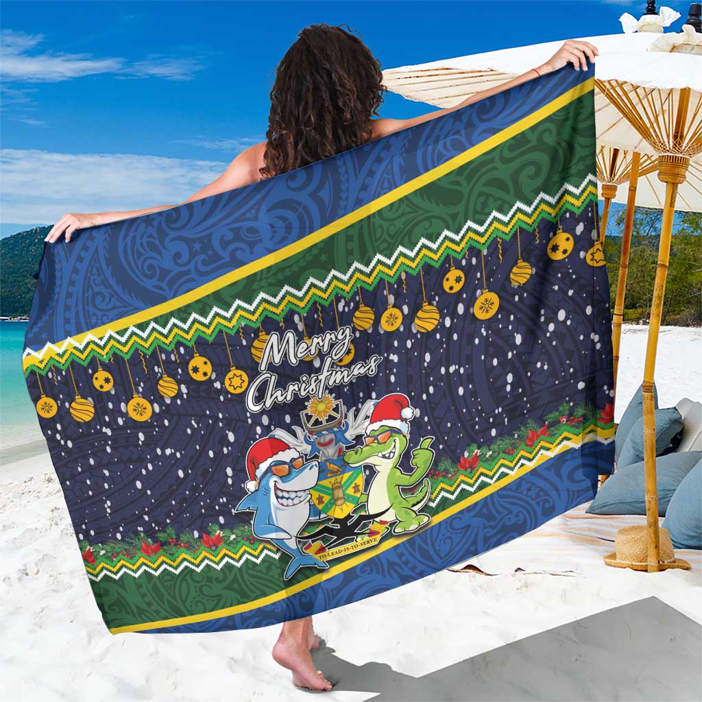 Funny Crocodile and Shark Solomon Islands Christmas Sarong with National Seal Melanesian Pattern