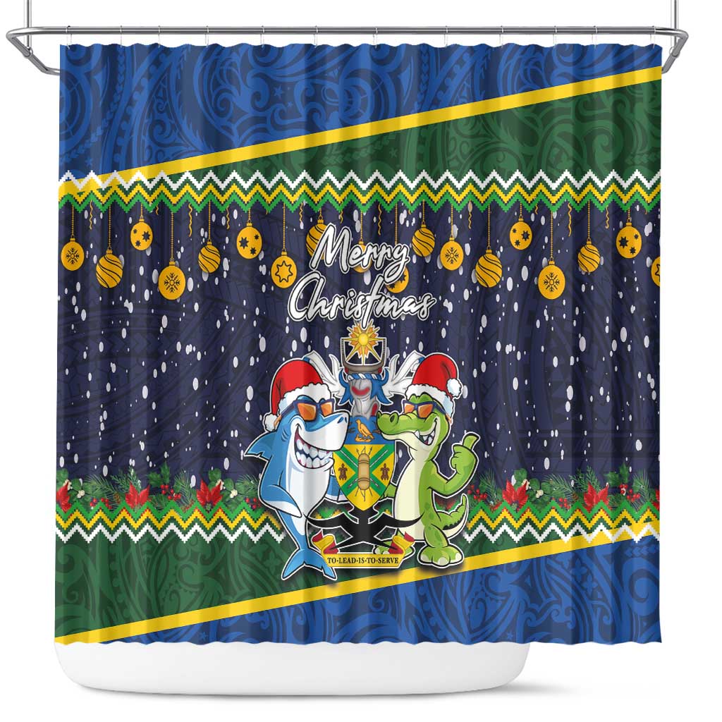 Funny Crocodile and Shark Solomon Islands Christmas Shower Curtain with National Seal Melanesian Pattern