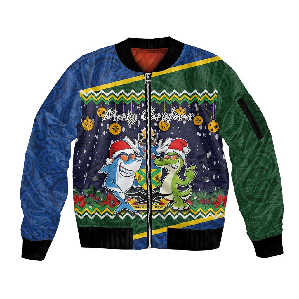 Funny Crocodile and Shark Solomon Islands Christmas Sleeve Zip Bomber Jacket with National Seal Melanesian Pattern