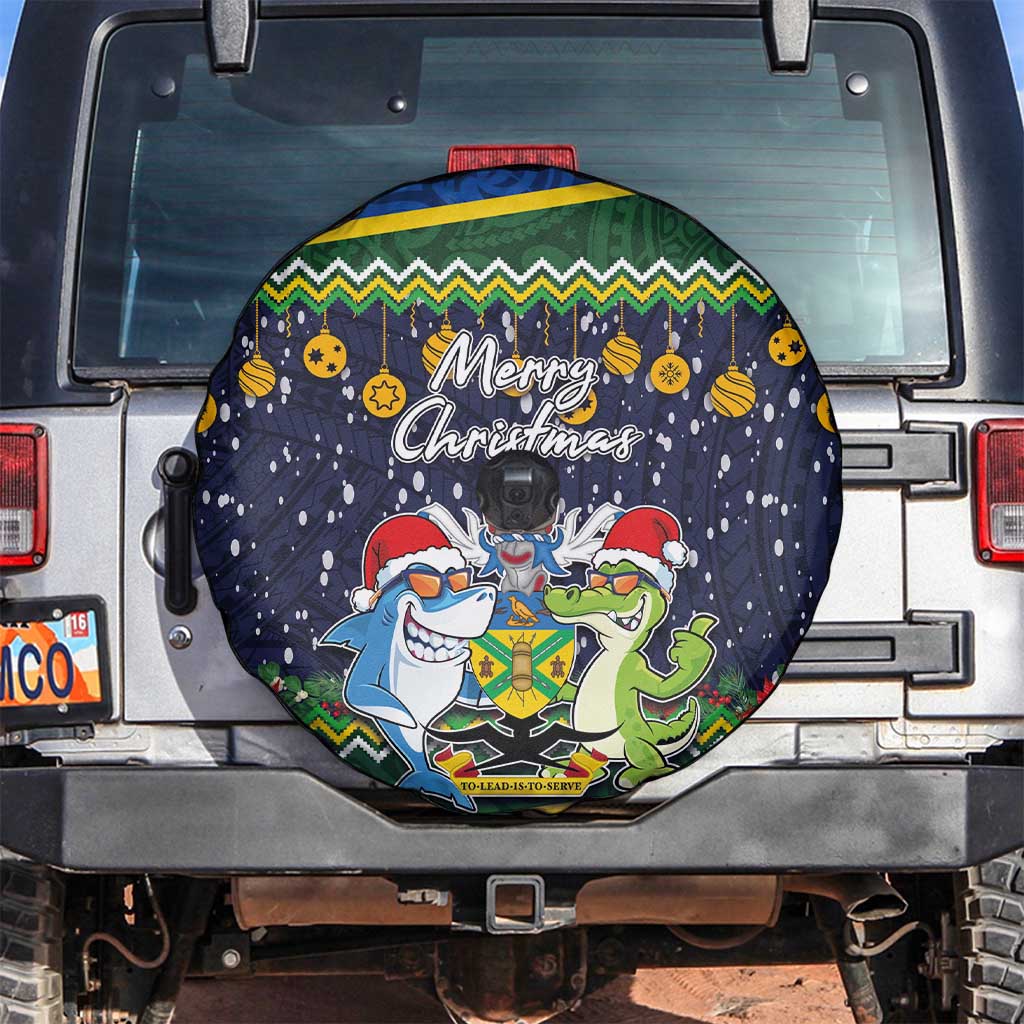 Funny Crocodile and Shark Solomon Islands Christmas Spare Tire Cover with National Seal Melanesian Pattern