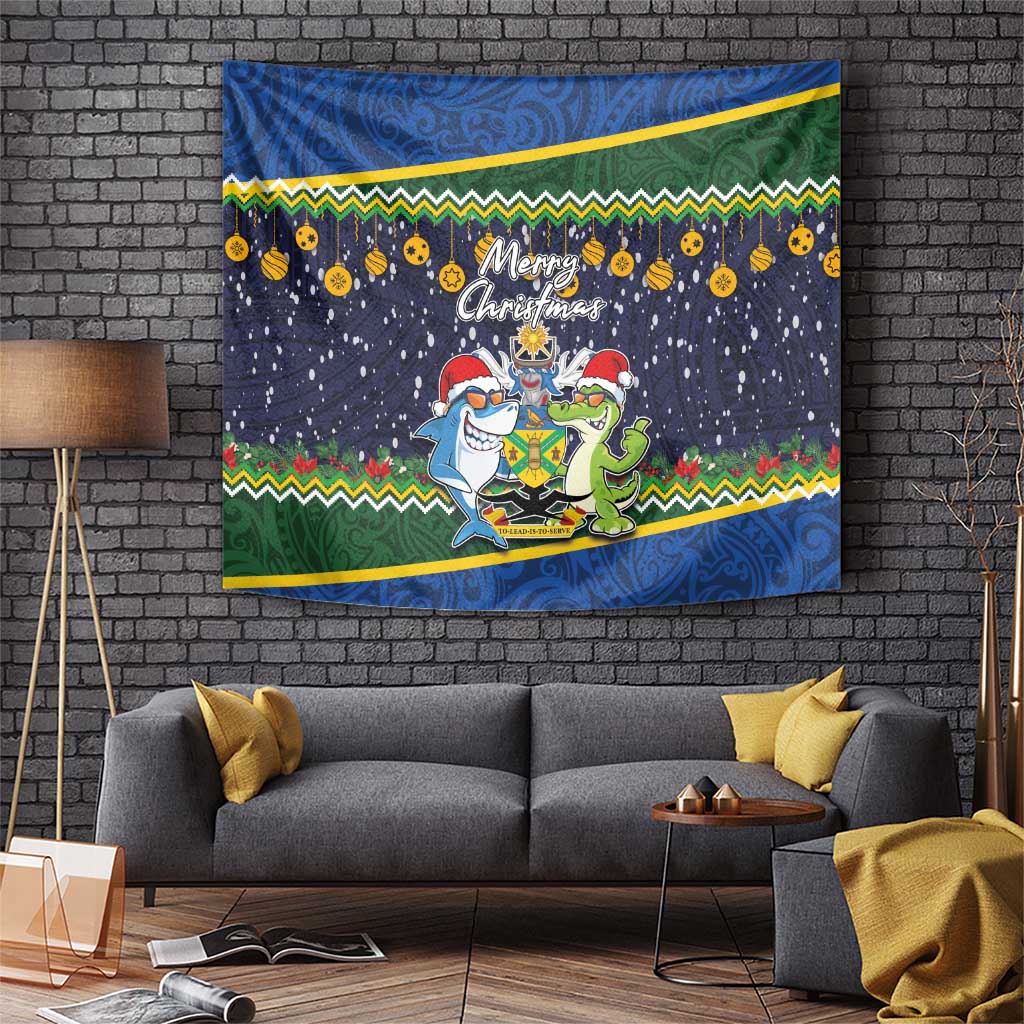 Funny Crocodile and Shark Solomon Islands Christmas Tapestry with National Seal Melanesian Pattern