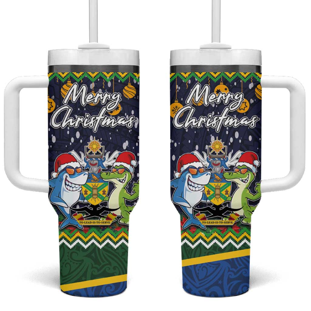 Funny Crocodile and Shark Solomon Islands Christmas Tumbler With Handle with National Seal Melanesian Pattern