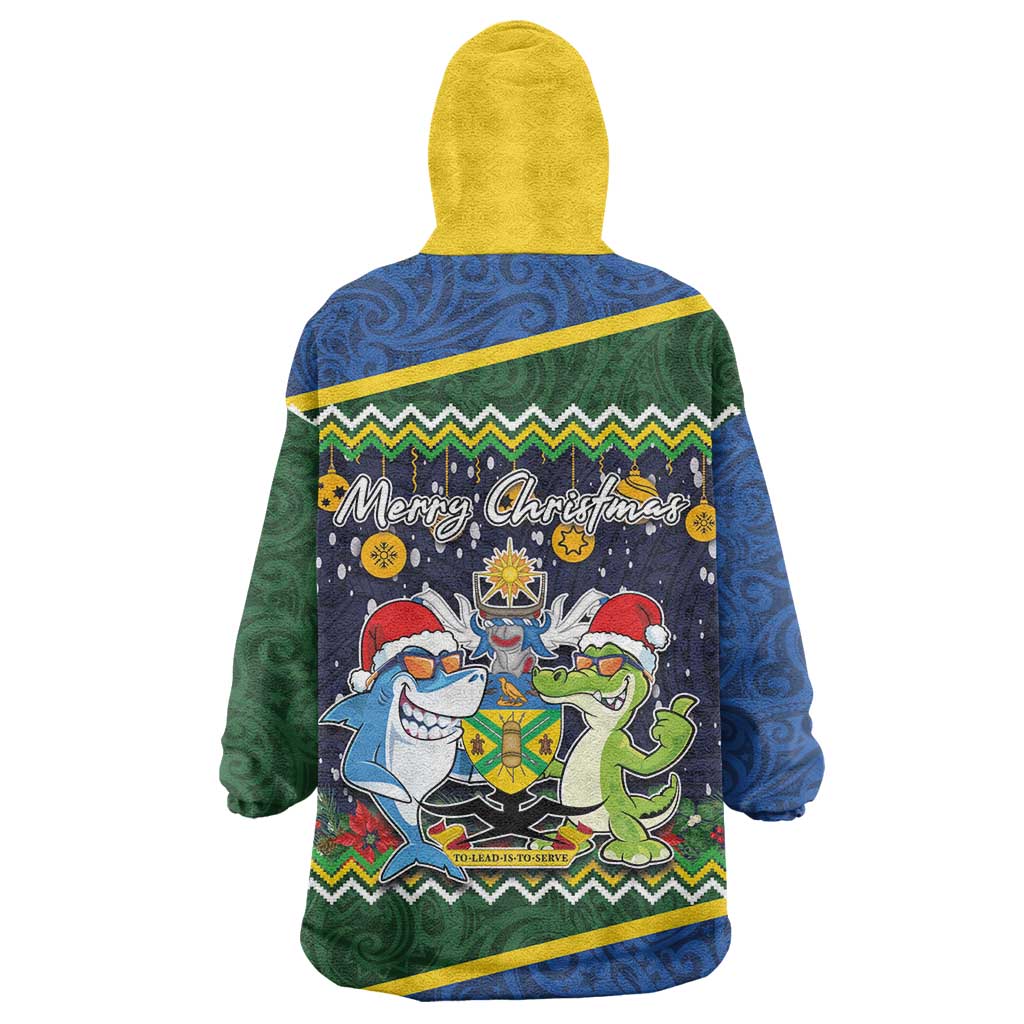 Funny Crocodile and Shark Solomon Islands Christmas Wearable Blanket Hoodie with National Seal Melanesian Pattern