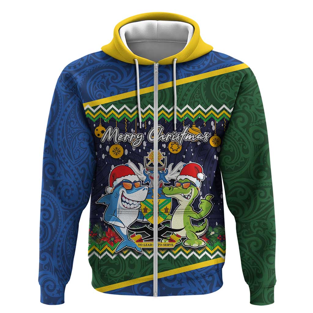 Funny Crocodile and Shark Solomon Islands Christmas Zip Hoodie with National Seal Melanesian Pattern