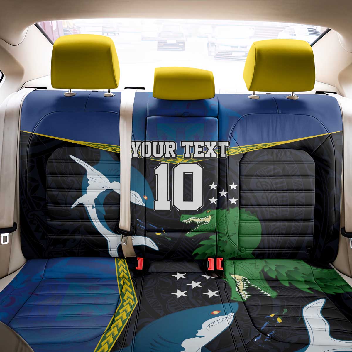 Custom Solomon Islands Rugby Back Car Seat Cover Arty Shark and Crocodile Solomon Islands National Emblems