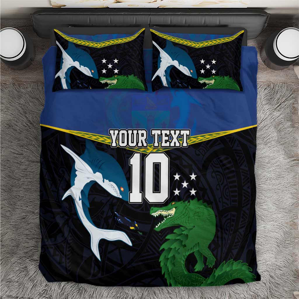 Custom Solomon Islands Rugby Bedding Set Arty Shark and Crocodile Solomon Islands National Emblems