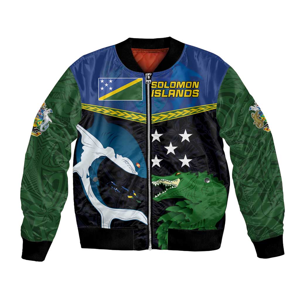 Custom Solomon Islands Rugby Bomber Jacket Arty Shark and Crocodile Solomon Islands National Emblems