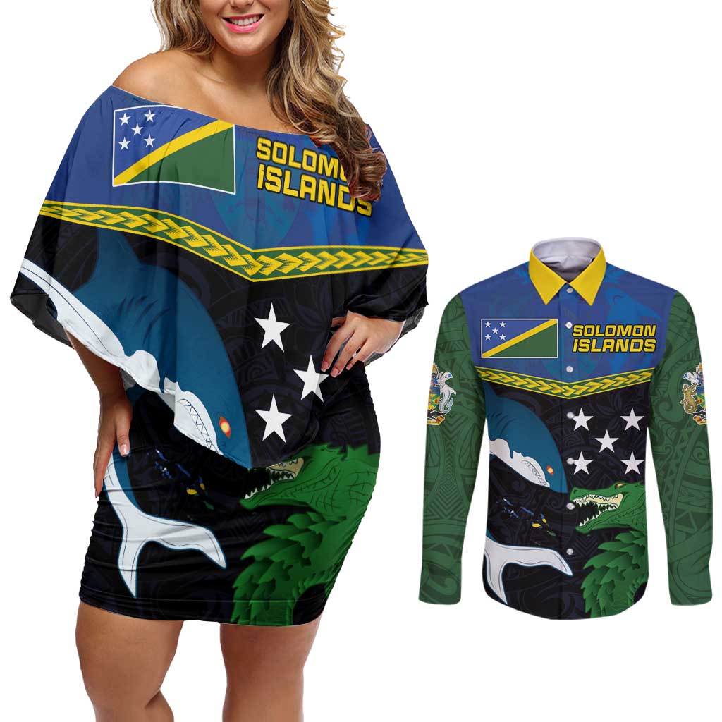 Custom Solomon Islands Rugby Couples Matching Off Shoulder Short Dress and Long Sleeve Button Shirt Arty Shark and Crocodile Solomon Islands National Emblems