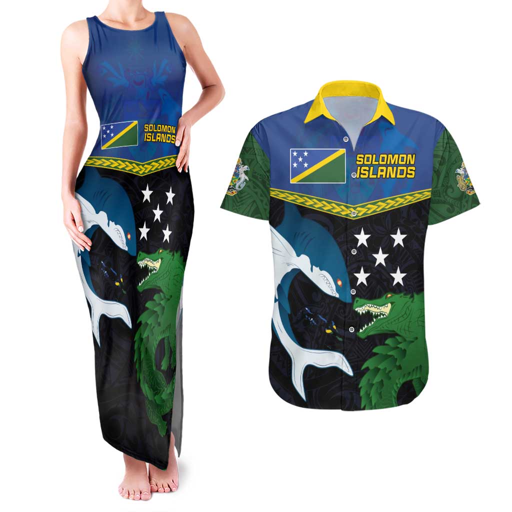 Custom Solomon Islands Rugby Couples Matching Tank Maxi Dress and Hawaiian Shirt Arty Shark and Crocodile Solomon Islands National Emblems