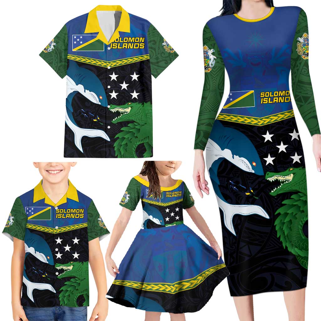 Custom Solomon Islands Rugby Family Matching Long Sleeve Bodycon Dress and Hawaiian Shirt Arty Shark and Crocodile Solomon Islands National Emblems