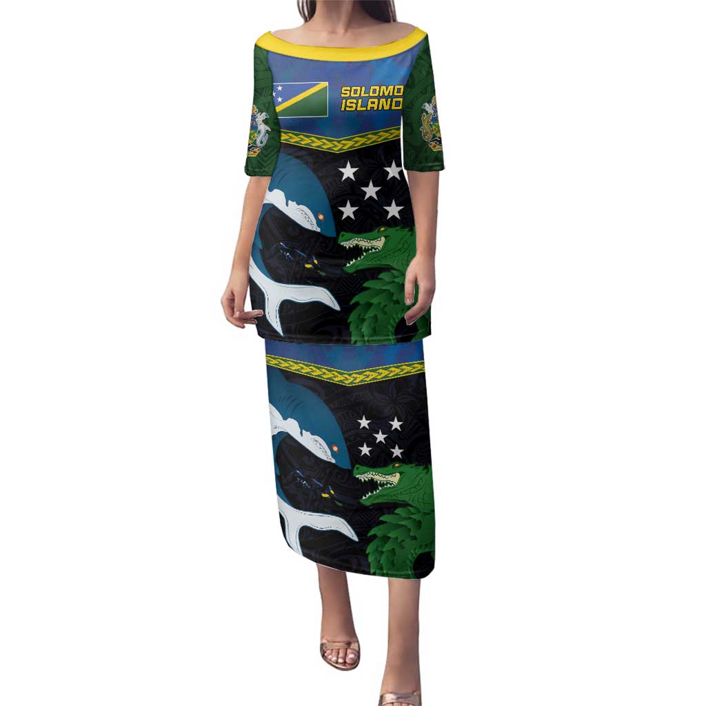 Custom Solomon Islands Rugby Family Matching Puletasi and Hawaiian Shirt Arty Shark and Crocodile Solomon Islands National Emblems