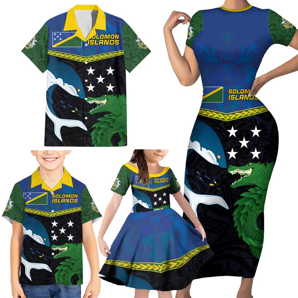 Custom Solomon Islands Rugby Family Matching Short Sleeve Bodycon Dress and Hawaiian Shirt Arty Shark and Crocodile Solomon Islands National Emblems