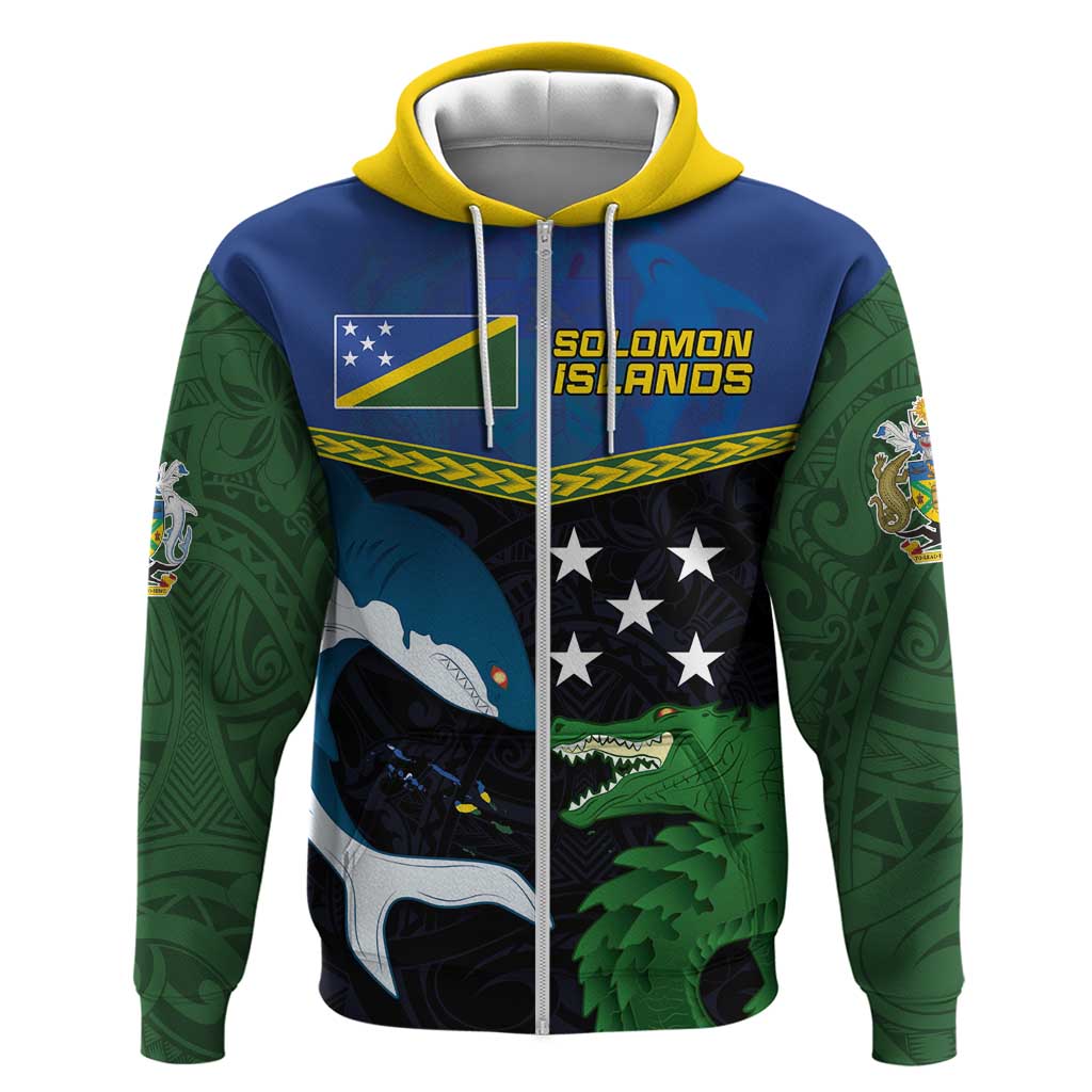Custom Solomon Islands Rugby Hoodie Arty Shark and Crocodile Solomon Islands National Emblems