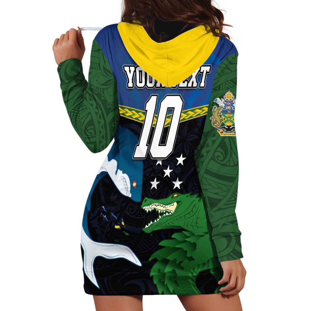 Custom Solomon Islands Rugby Hoodie Dress Arty Shark and Crocodile Solomon Islands National Emblems
