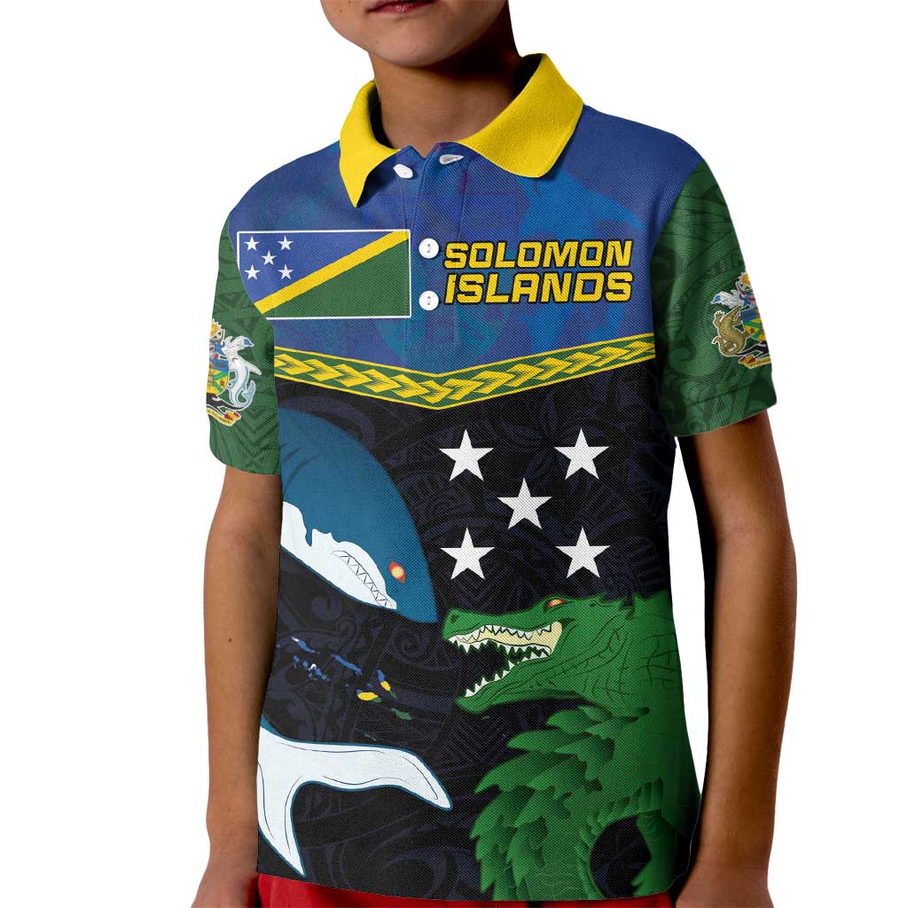 Custom Solomon Islands Rugby Kid Polo Shirt Arty Shark and Crocodile Solomon Islands National Emblems