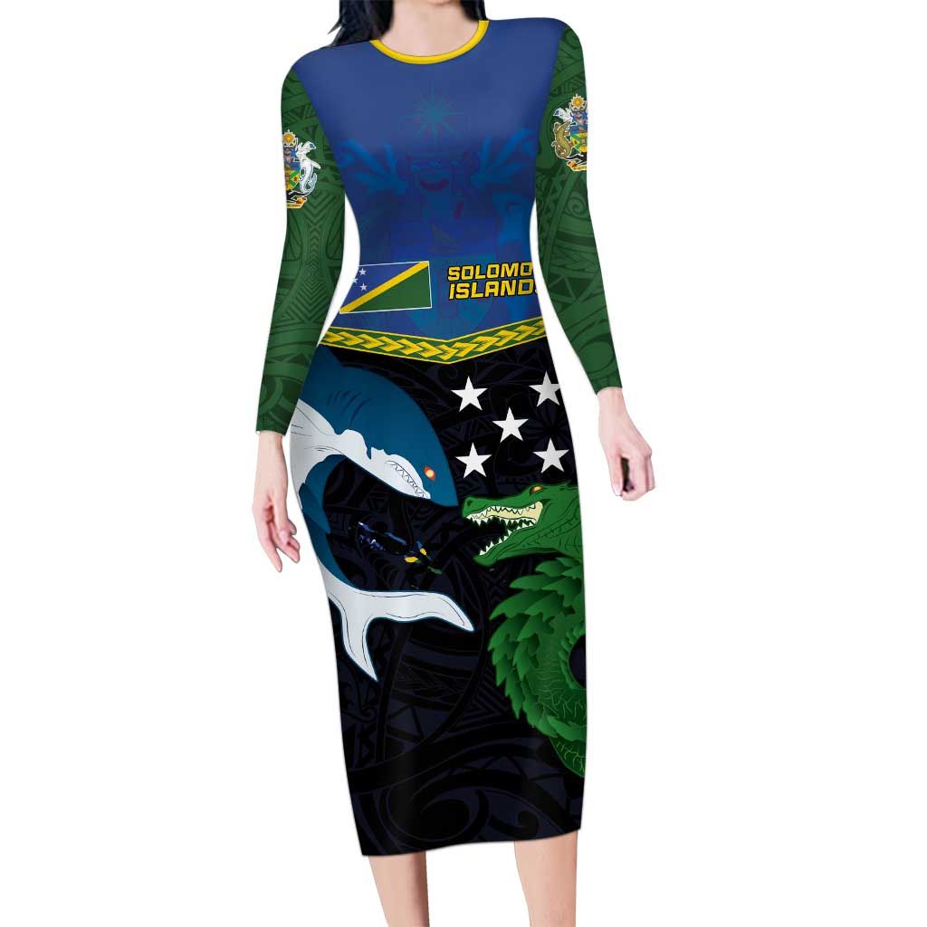 Custom Solomon Islands Rugby Long Sleeve Bodycon Dress Arty Shark and Crocodile Solomon Islands National Emblems