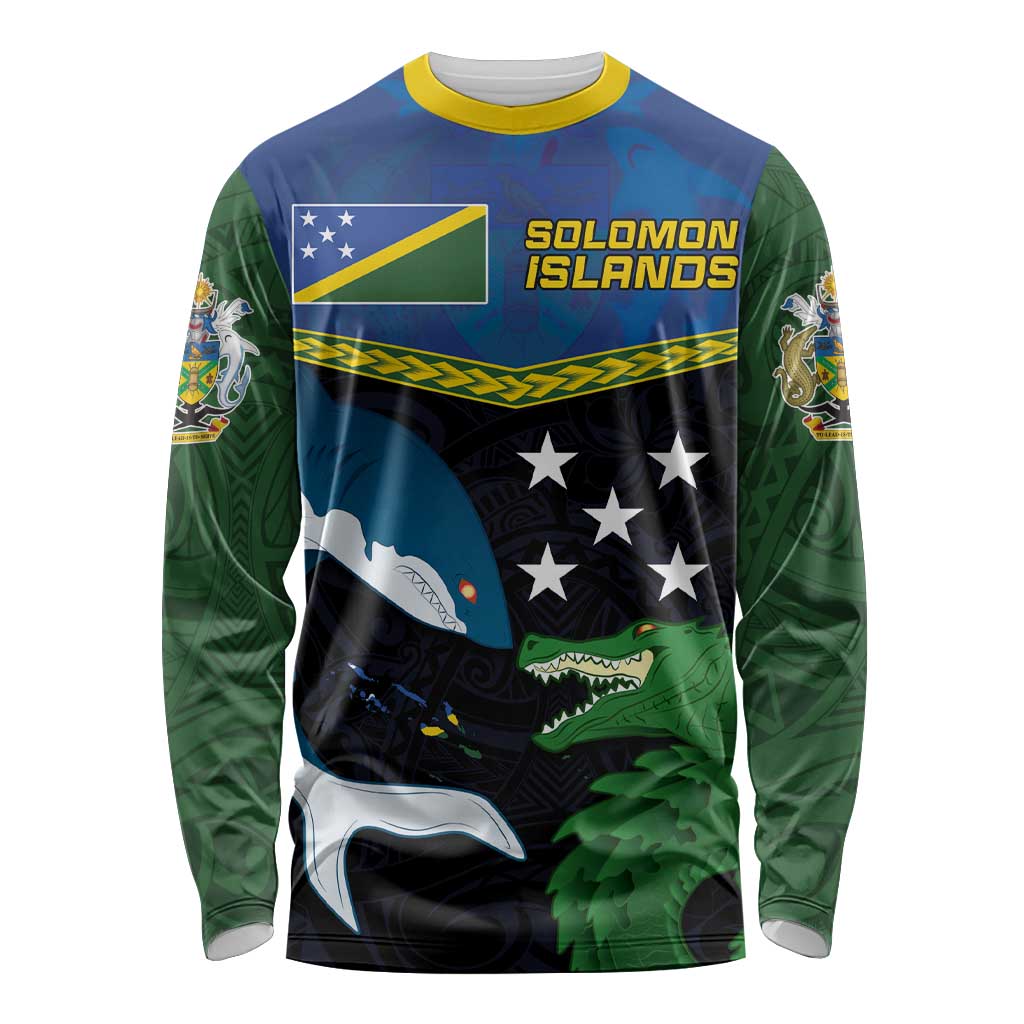 Custom Solomon Islands Rugby Long Sleeve Shirt Arty Shark and Crocodile Solomon Islands National Emblems