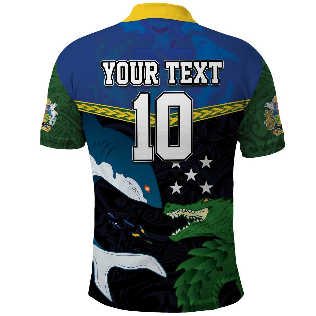Custom Solomon Islands Rugby Polo Shirt Arty Shark and Crocodile Solomon Islands National Emblems