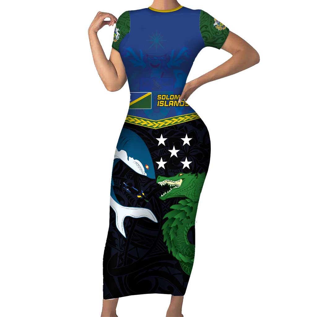 Custom Solomon Islands Rugby Short Sleeve Bodycon Dress Arty Shark and Crocodile Solomon Islands National Emblems