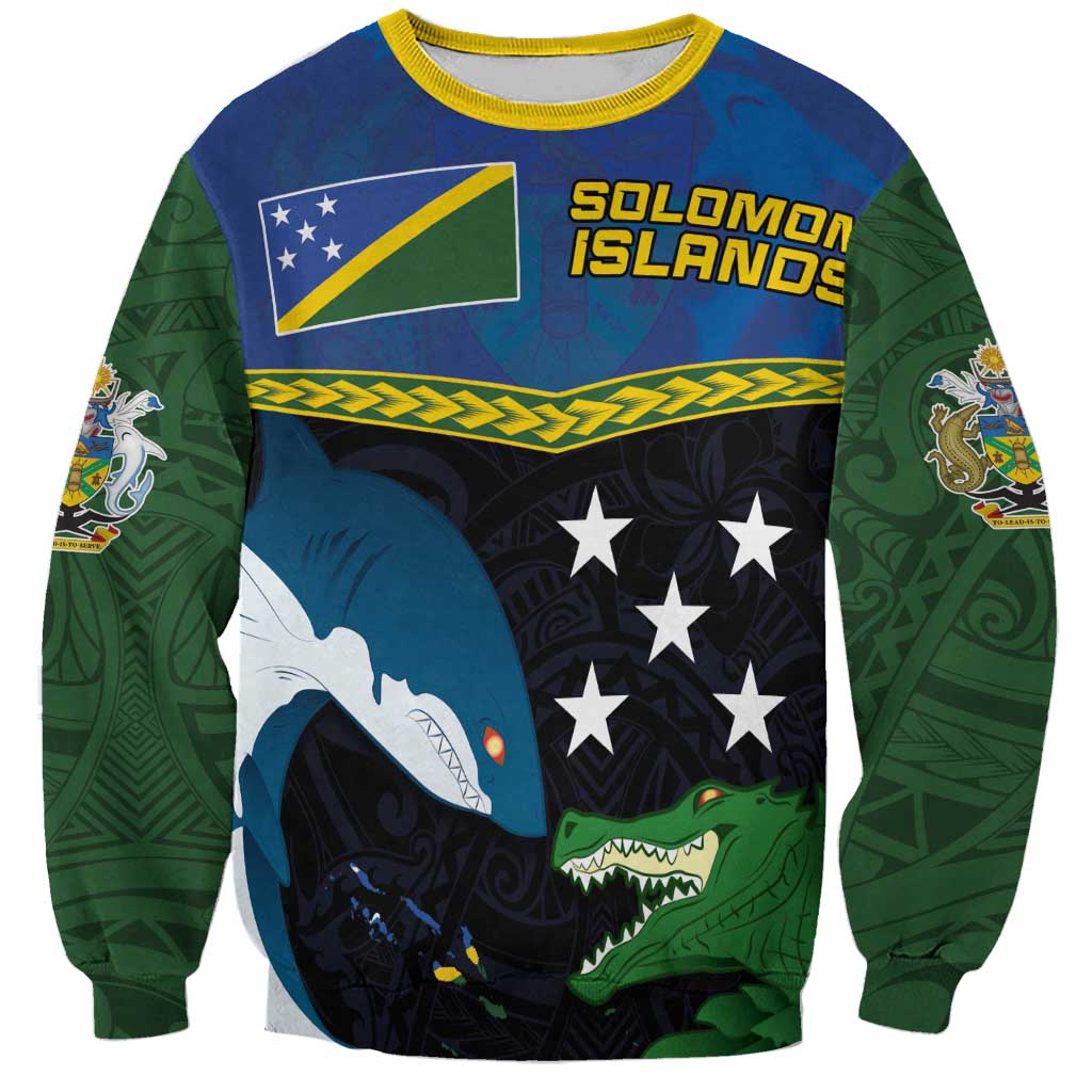 Custom Solomon Islands Rugby Sweatshirt Arty Shark and Crocodile Solomon Islands National Emblems