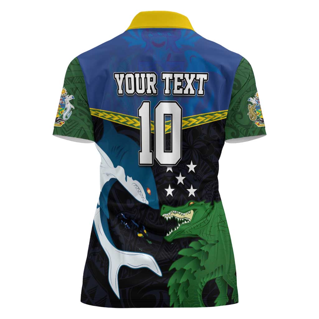 Custom Solomon Islands Rugby Women Polo Shirt Arty Shark and Crocodile Solomon Islands National Emblems