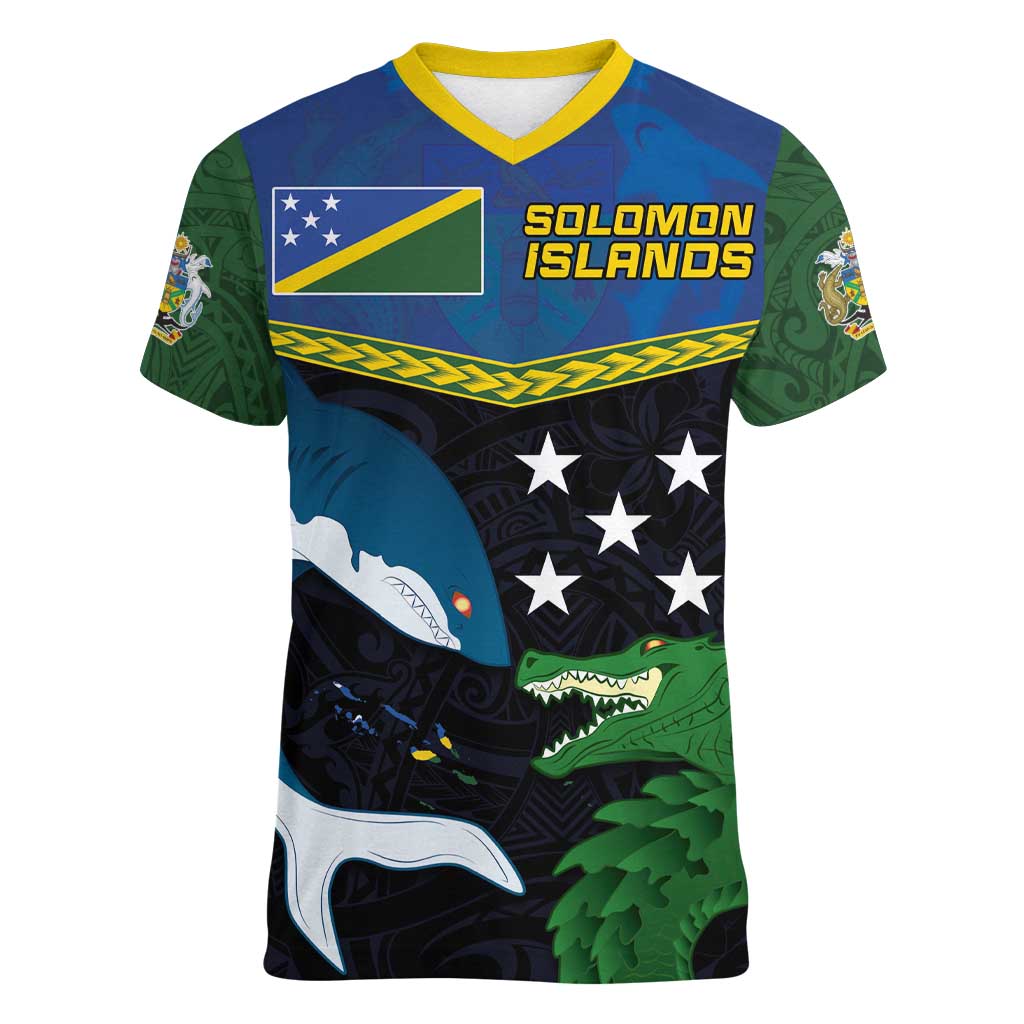 Custom Solomon Islands Rugby Women V-Neck T-Shirt Arty Shark and Crocodile Solomon Islands National Emblems