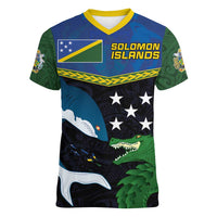 Custom Solomon Islands Rugby Women V-Neck T-Shirt Arty Shark and Crocodile Solomon Islands National Emblems