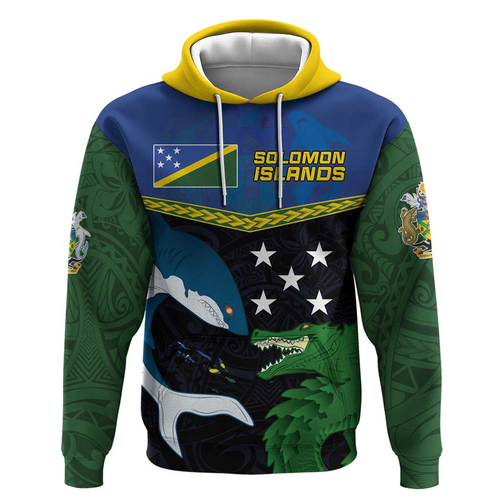 Custom Solomon Islands Rugby Zip Hoodie Arty Shark and Crocodile Solomon Islands National Emblems