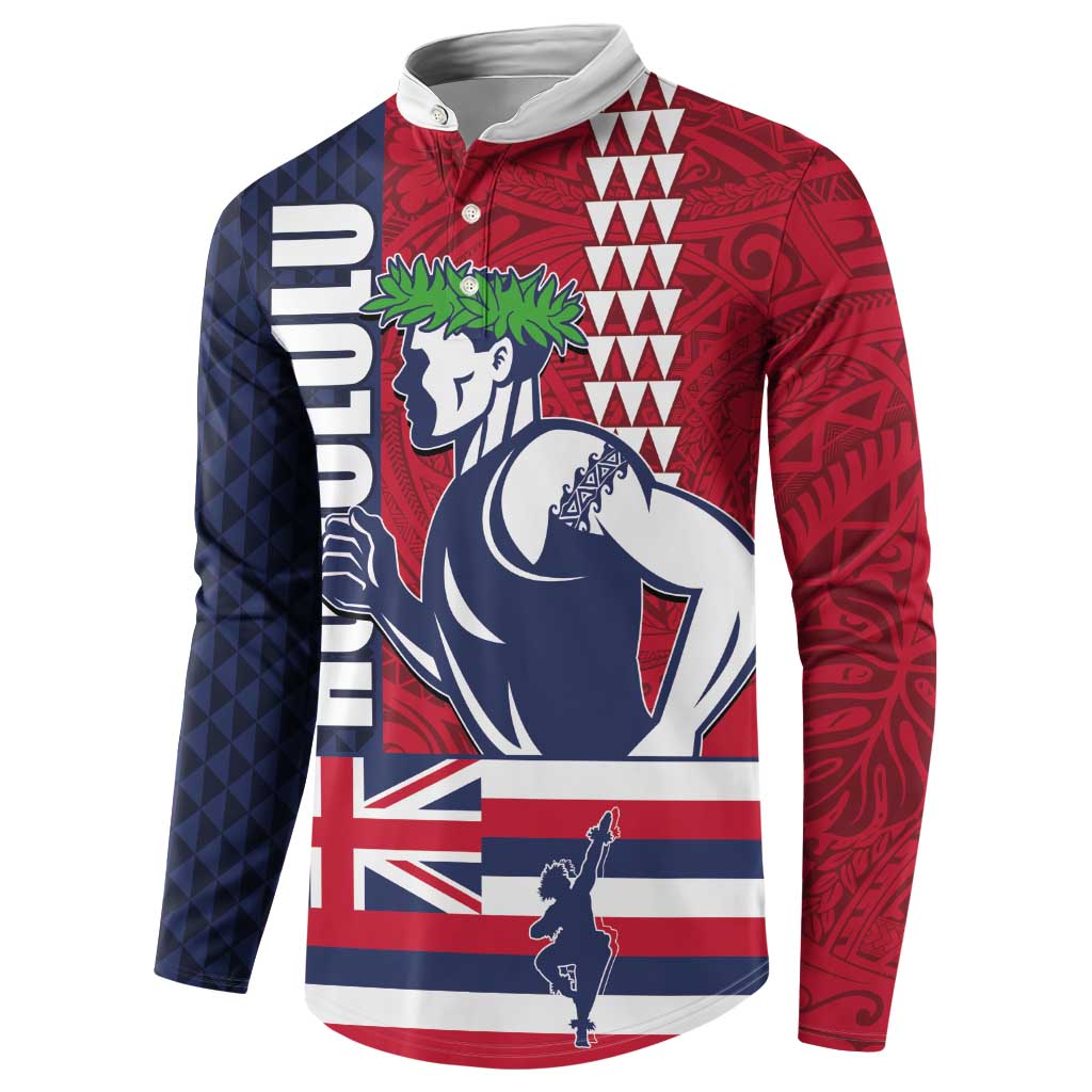 Honolulu Running 2024 Button Sweatshirt Marathon Competition Hula Runner and Kakau Art Tattoo