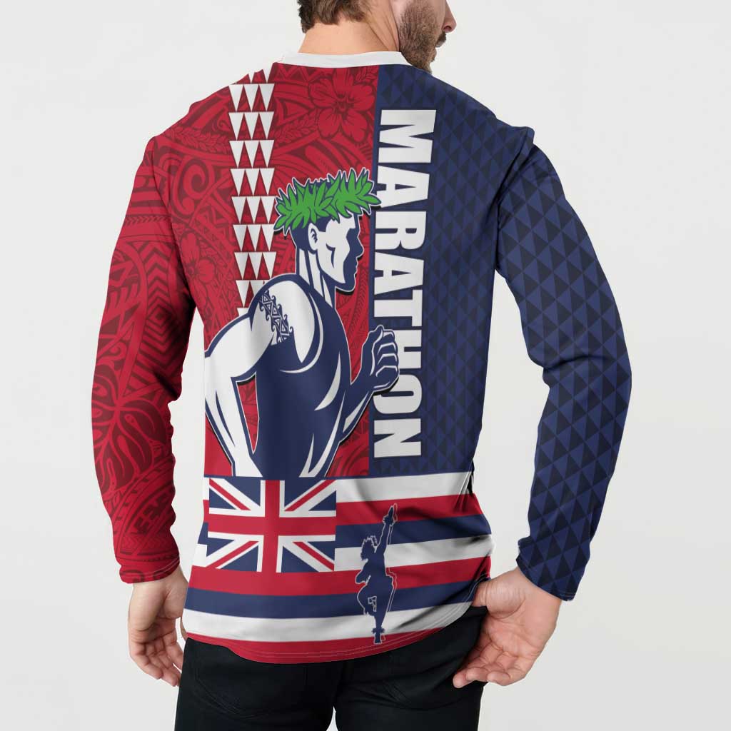 Honolulu Running 2024 Button Sweatshirt Marathon Competition Hula Runner and Kakau Art Tattoo