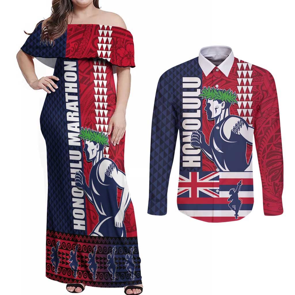 Honolulu Running 2024 Couples Matching Off Shoulder Maxi Dress and Long Sleeve Button Shirt Marathon Competition Hula Runner and Kakau Art Tattoo